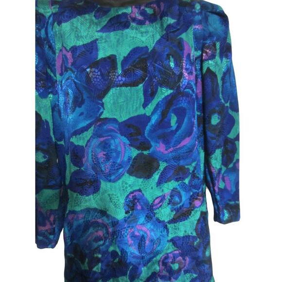 Vintage 80s Metallic Floral Party Dress Blue Green Plaza South Size 8 - Picture 3 of 8